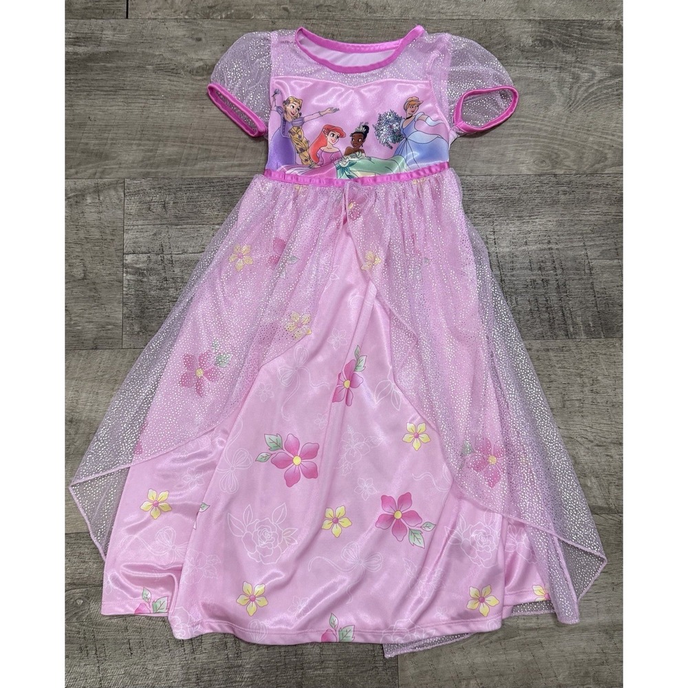 Girls Pink Princess Nightgown Dress Sz 5T Disney Rapunzel Tiana Ariel Cinderella